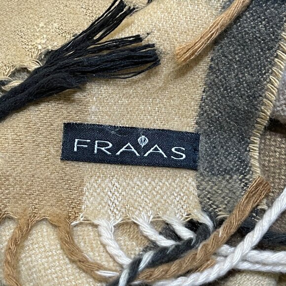 Fraas Cashmink Scarf Tan Black Fringe Tassels Plaid Germany Rectangle - Picture 5 of 5
